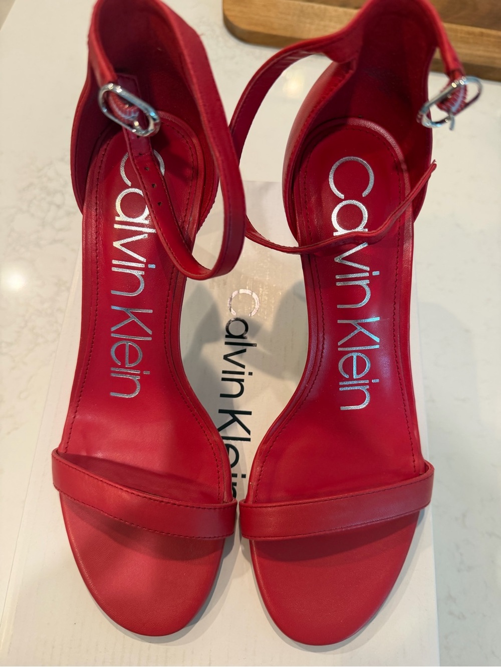Calvin Klein Red Leather Ankle-Strap Heels